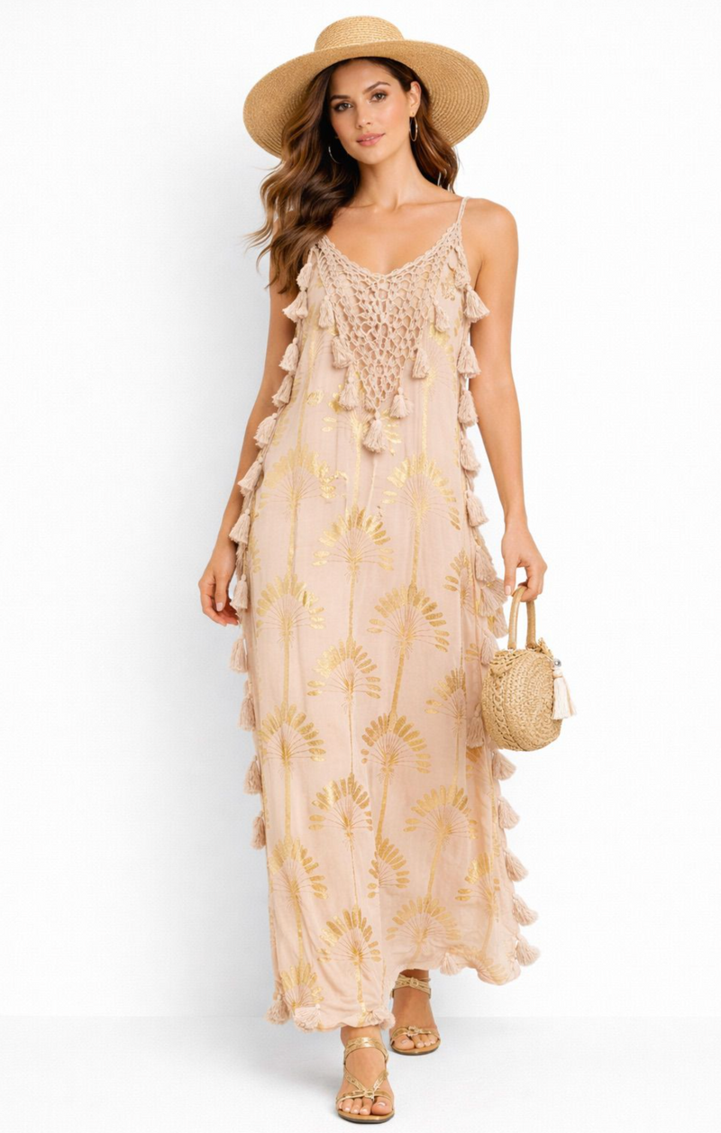 Vestido Crochet Motas Beige